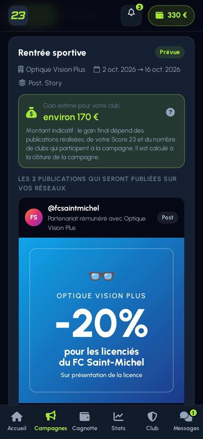 Application 23 - Espace Club : publicités à venir avec le gain estimé pour le club
