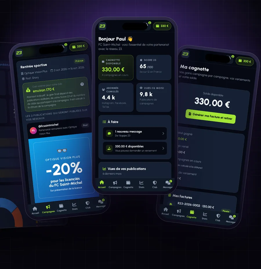 Écrans de l'application 23 - Espace Club sur trois smartphones